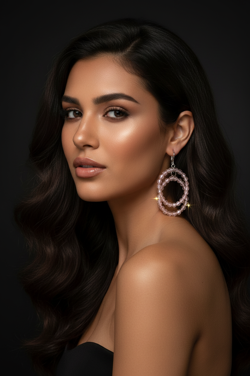 Beautiful Dubai Model Wearing Pink Crystal Earrings