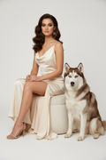 Beautiful Model with Siberian Husky Wearing Dog Paw Earrings