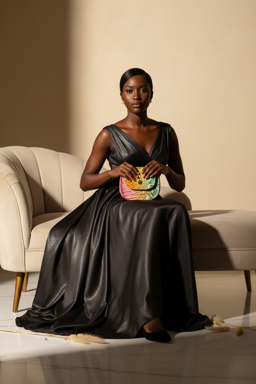 Black Model Holding Rainbow Croc Crossbody Bag