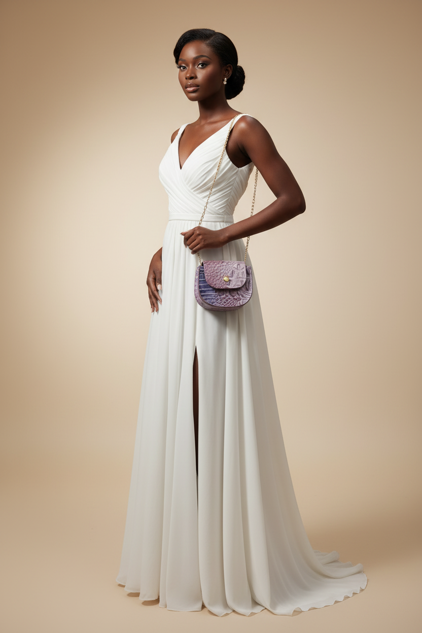 Black model in white evening gown with purple crossbody bag