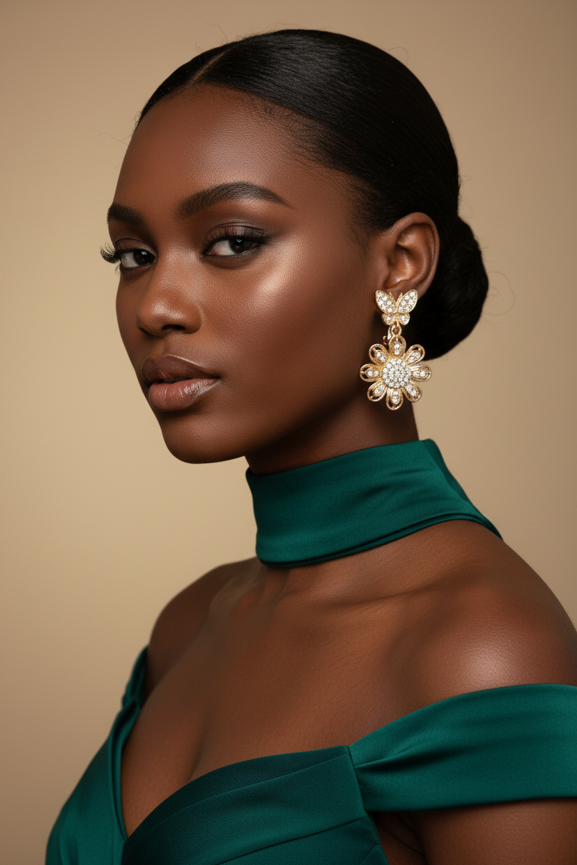 Black Model Wearing Gold Butterfly & Daisy Earrings