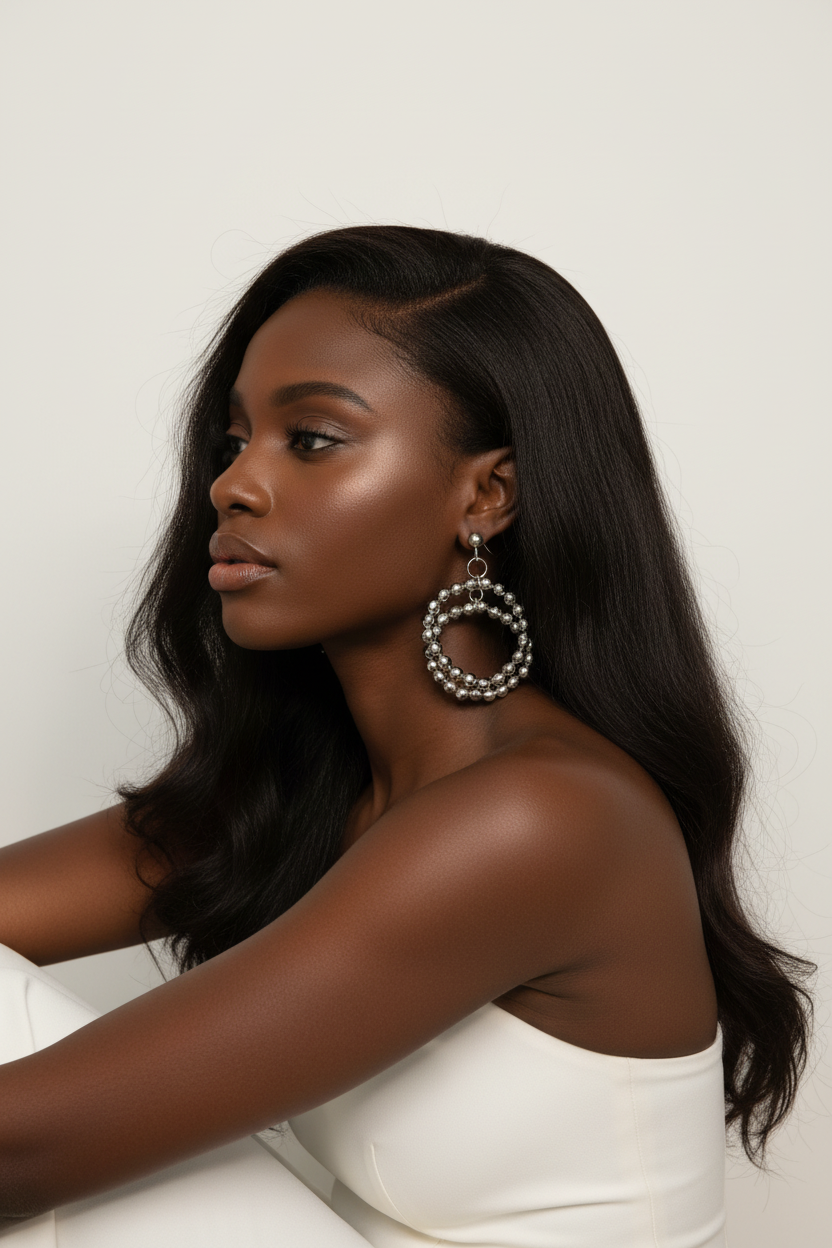 Black Model Wearing Silver Leverback Beaded Earrings
