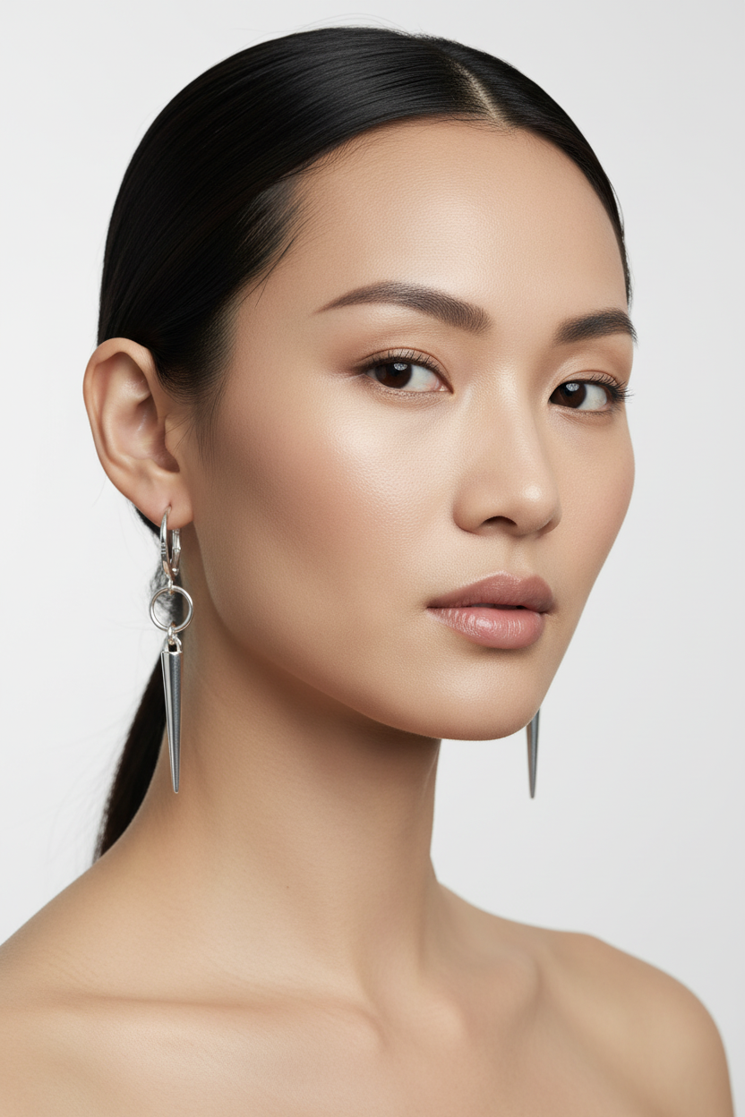 Chinese Model Wearing Silver Leverback Spike Earrings