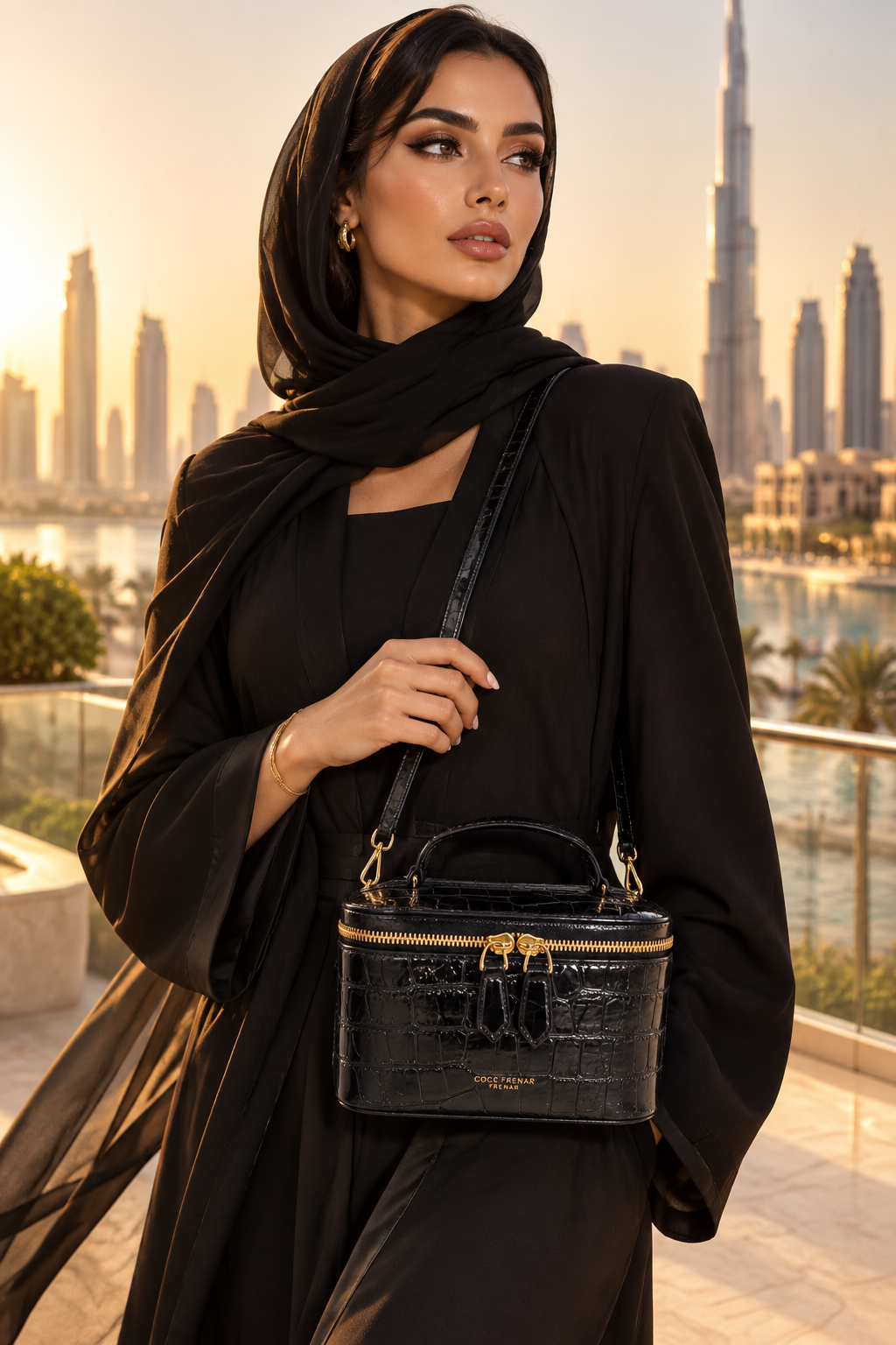 Dubai model holding the black croc crossbody handbag