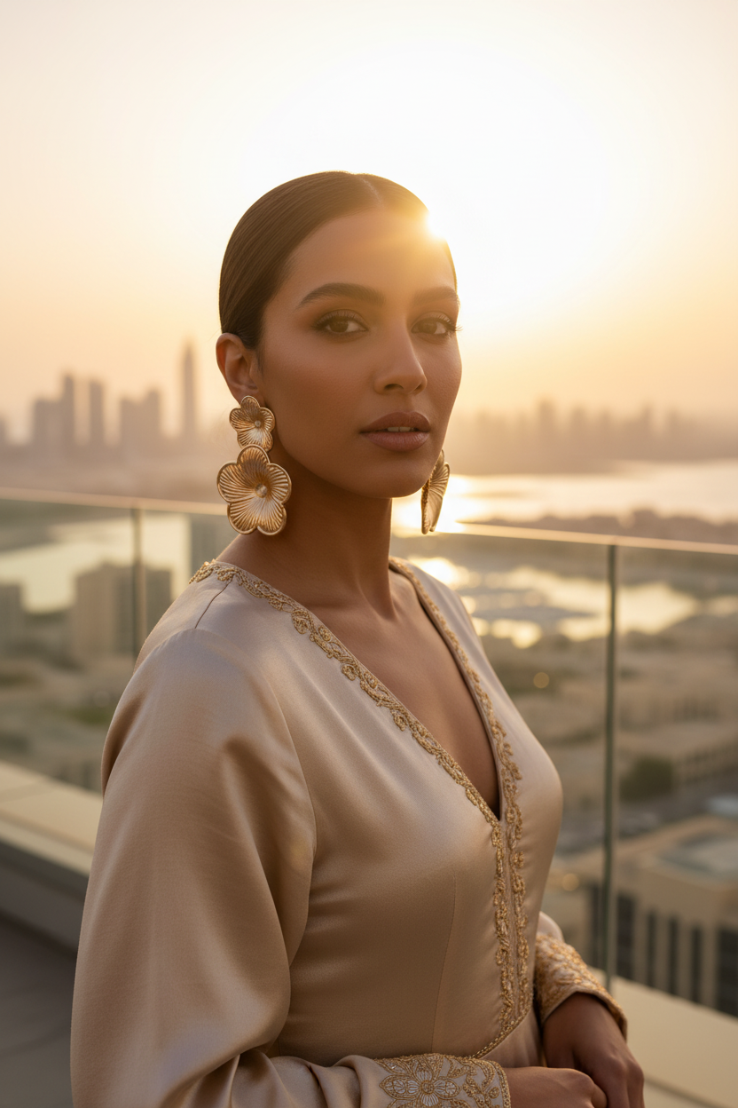 Dubai Model Wearing Gold Flower Drop Earrings