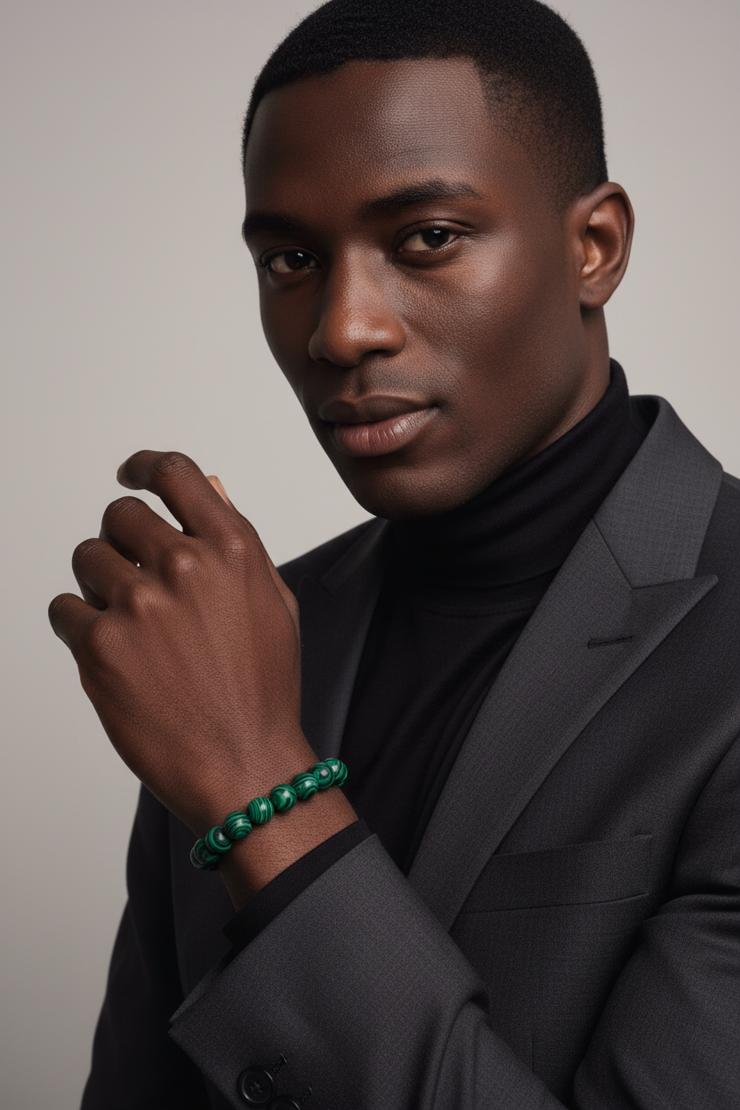 Elegant Black Male Model with Malachite Green Bracelet