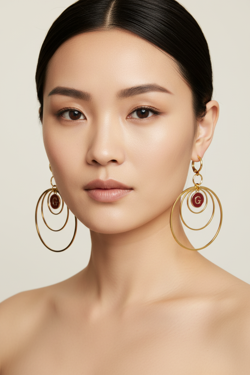 Elegant Chinese woman wearing Make It Personal gold leverback earrings