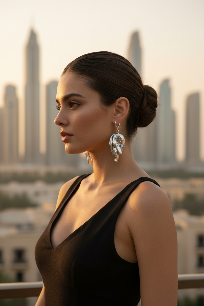 Elegant Dubai lifestyle image with silver leverback earrings