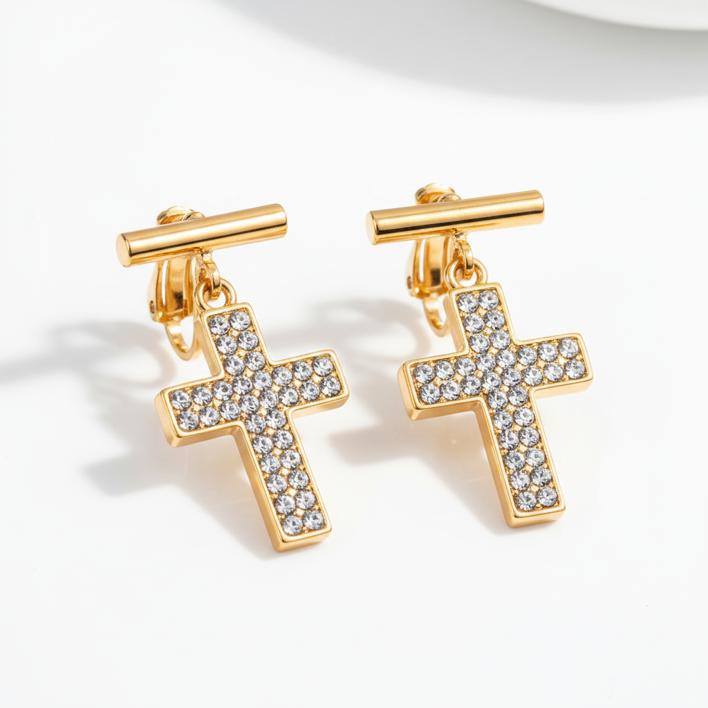 Elegant Gold T-Bar Crystal Cross Earrings