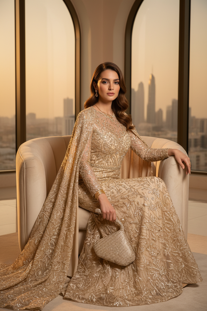 Elegant Lady from Dubai with Gold Crystal Clutch