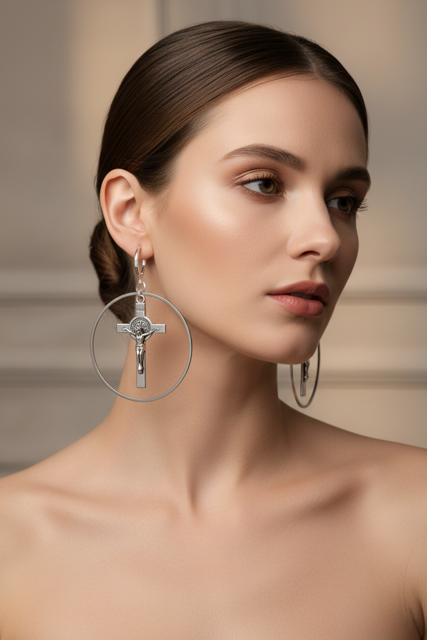 Elegant Model Wearing Jesus Christ Leverback Earrings