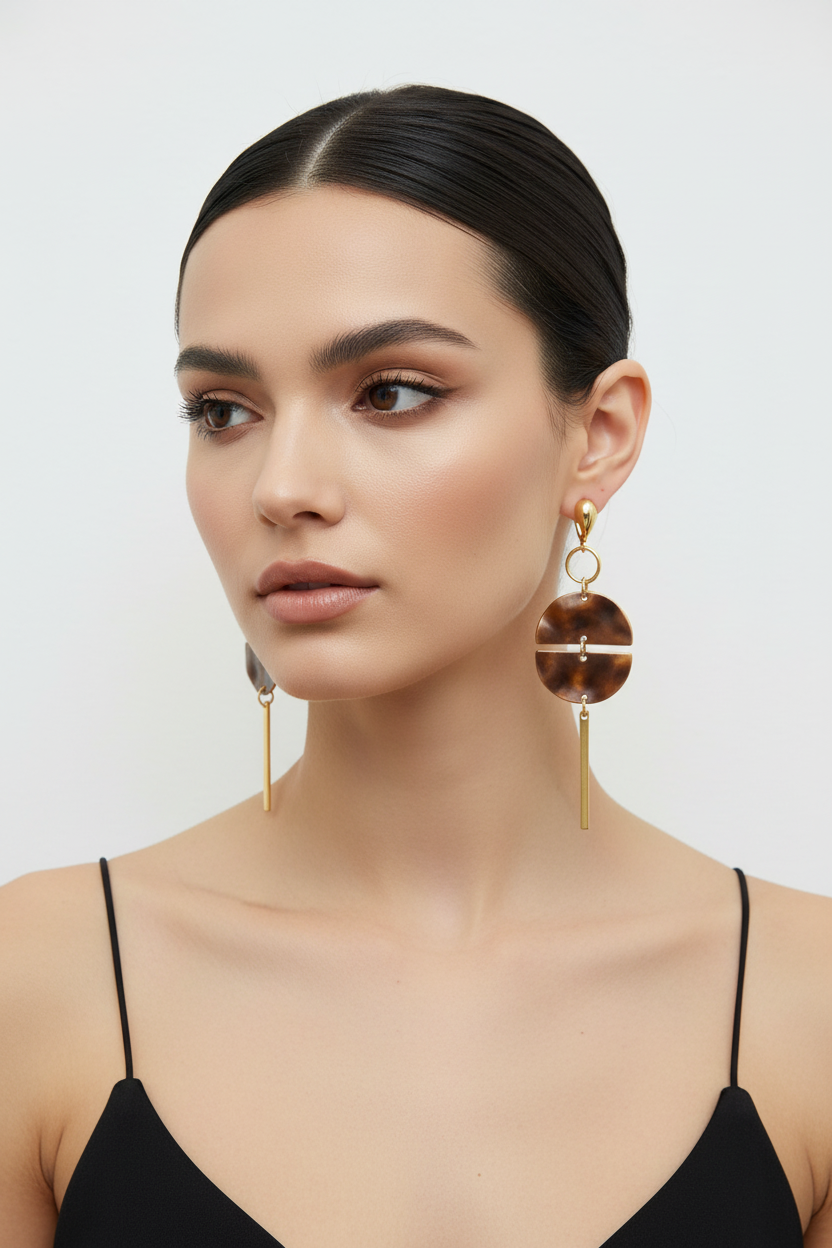 Elegant model wearing leverback geometric earrings