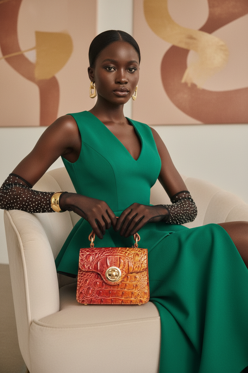 Elegant Model with Red-Orange Crocodile Handbag