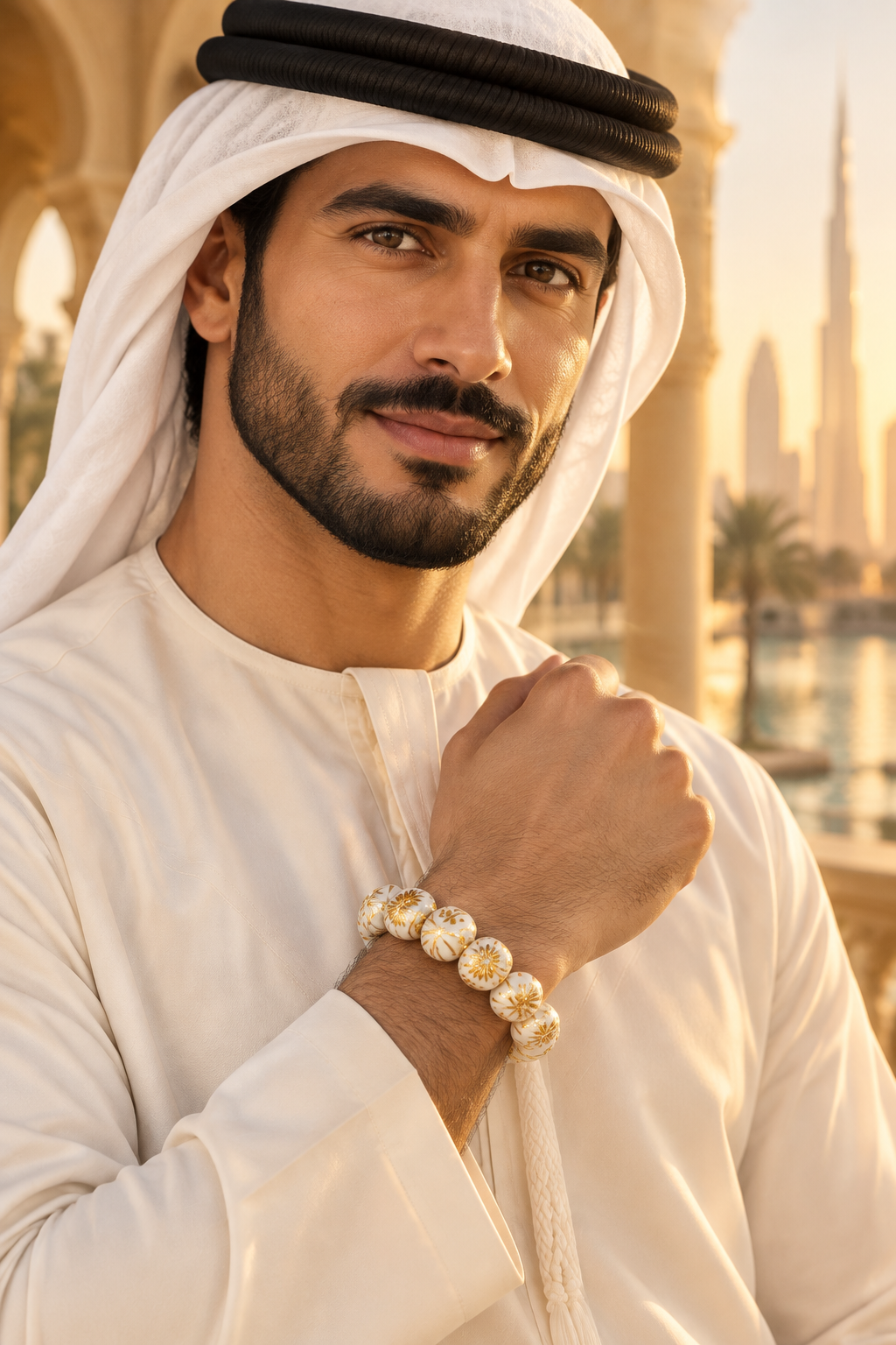 Emirati model wearing the white-and-gold bracelet