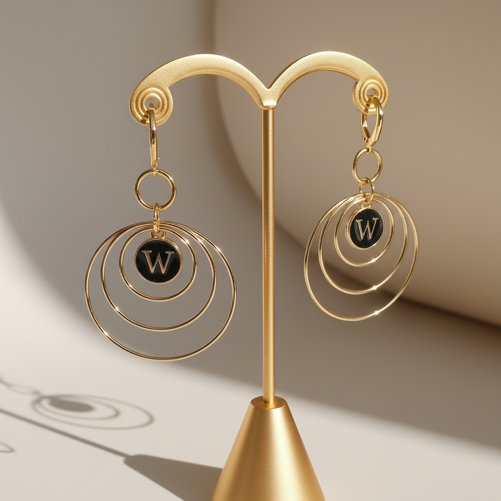 Gold earrings on elegant gold stand