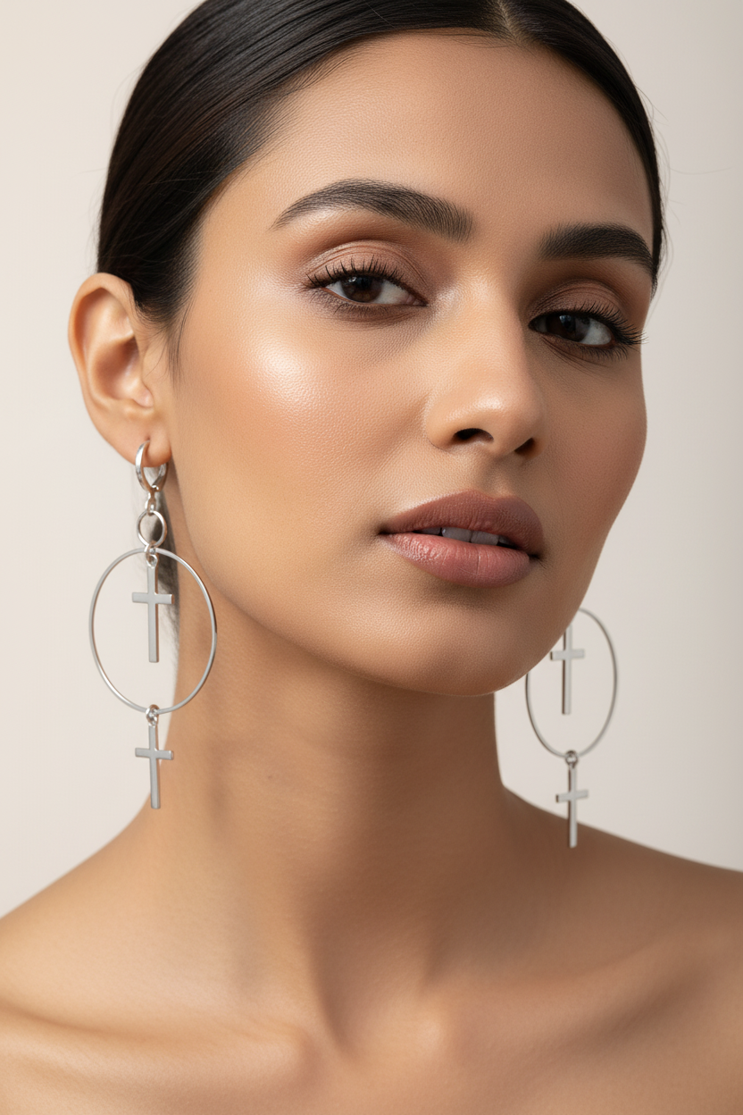 Indian Model Wearing Silver Cross Hoop Earrings