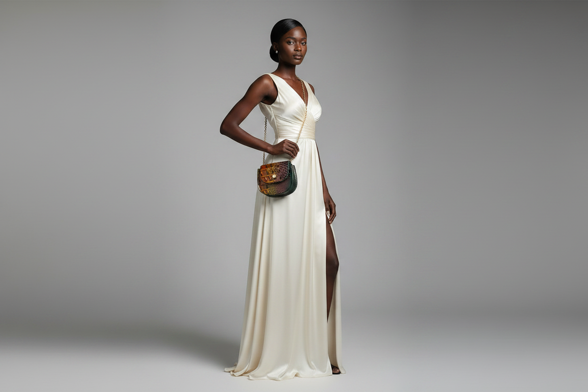 Ivory Gown with Croc Crossbody