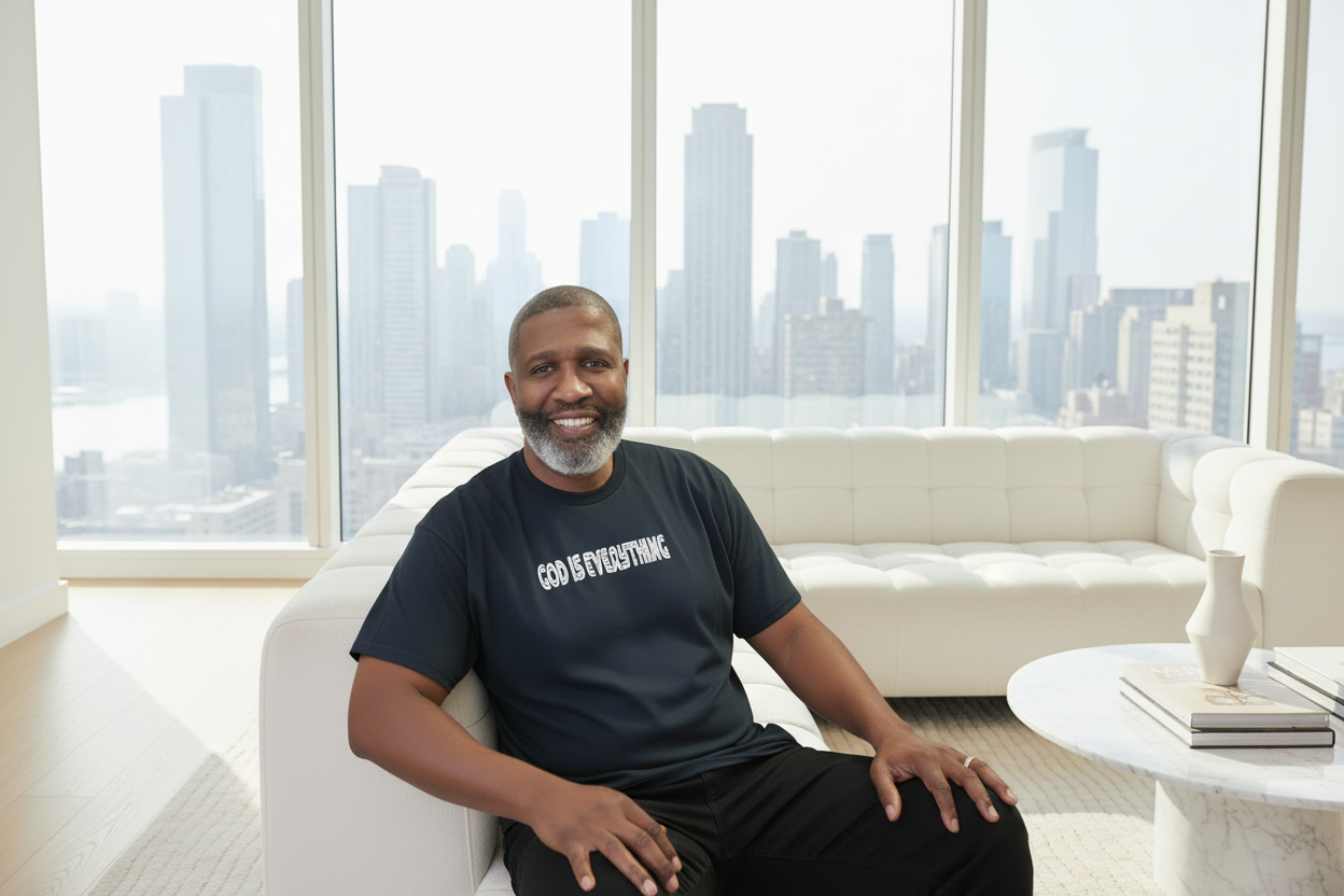 Man on modern luxury sofa with city view