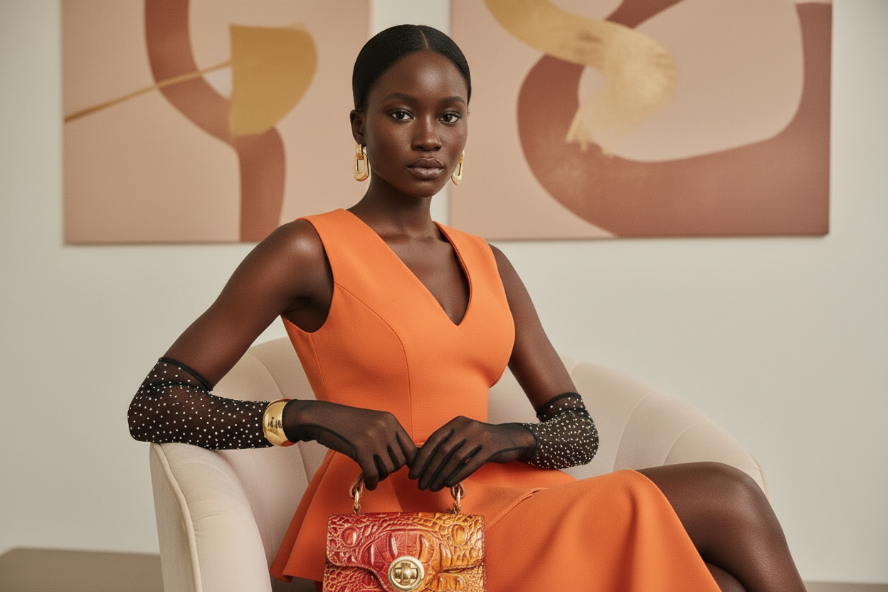 Orange Dress with Croc Top Handle Bag
