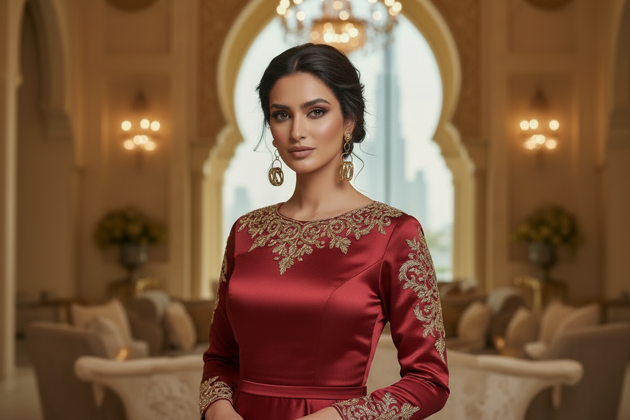 Red Satin Gown with Gold Embroidery