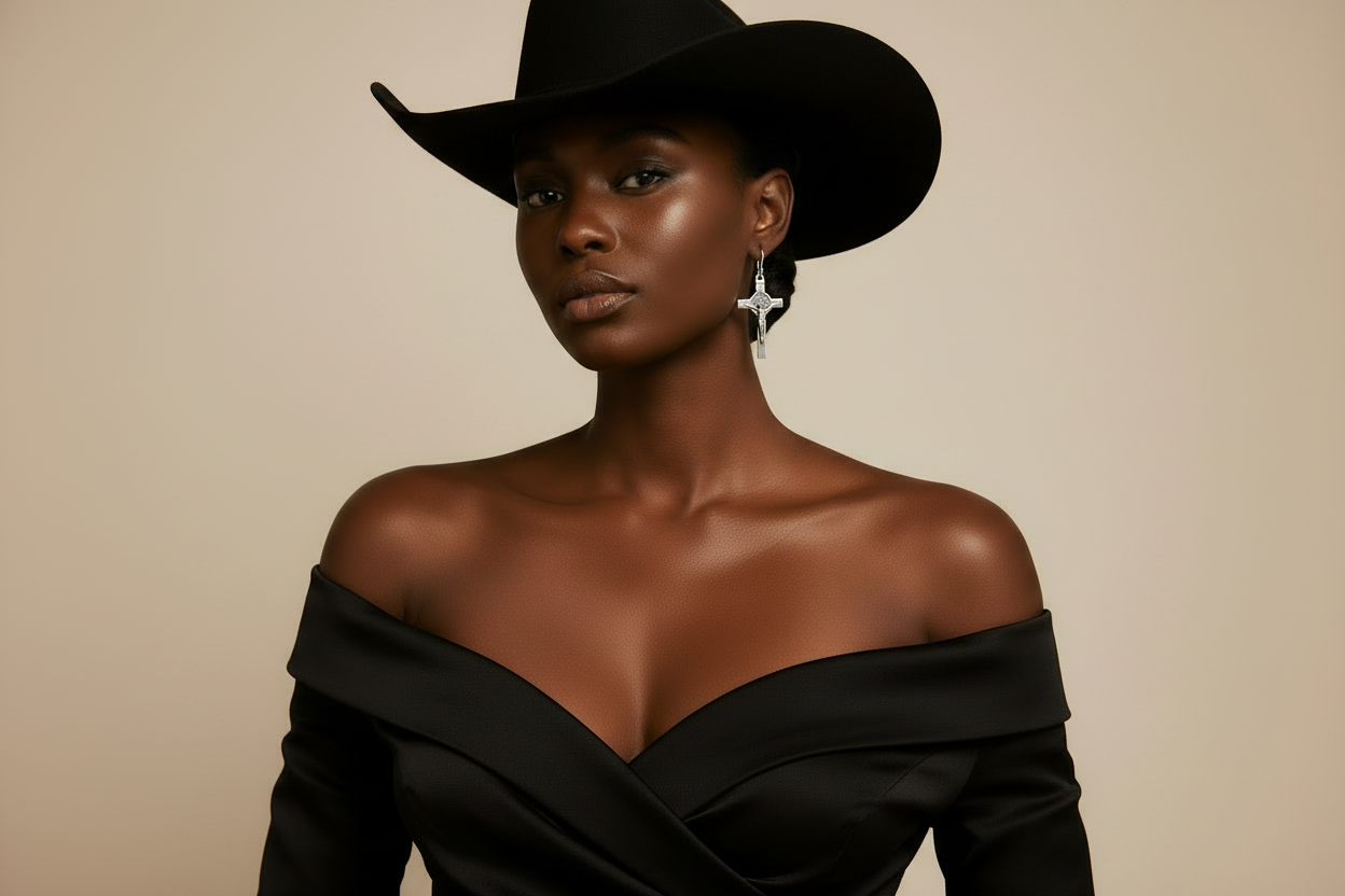 Silver Crucifix Earrings with Black Cowboy Hat and Off-Shoulder Blouse