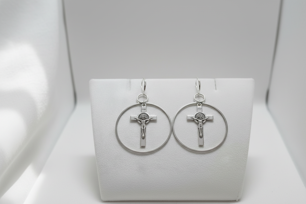 Silver Crucifix Hoop Earrings - Smaller Scale