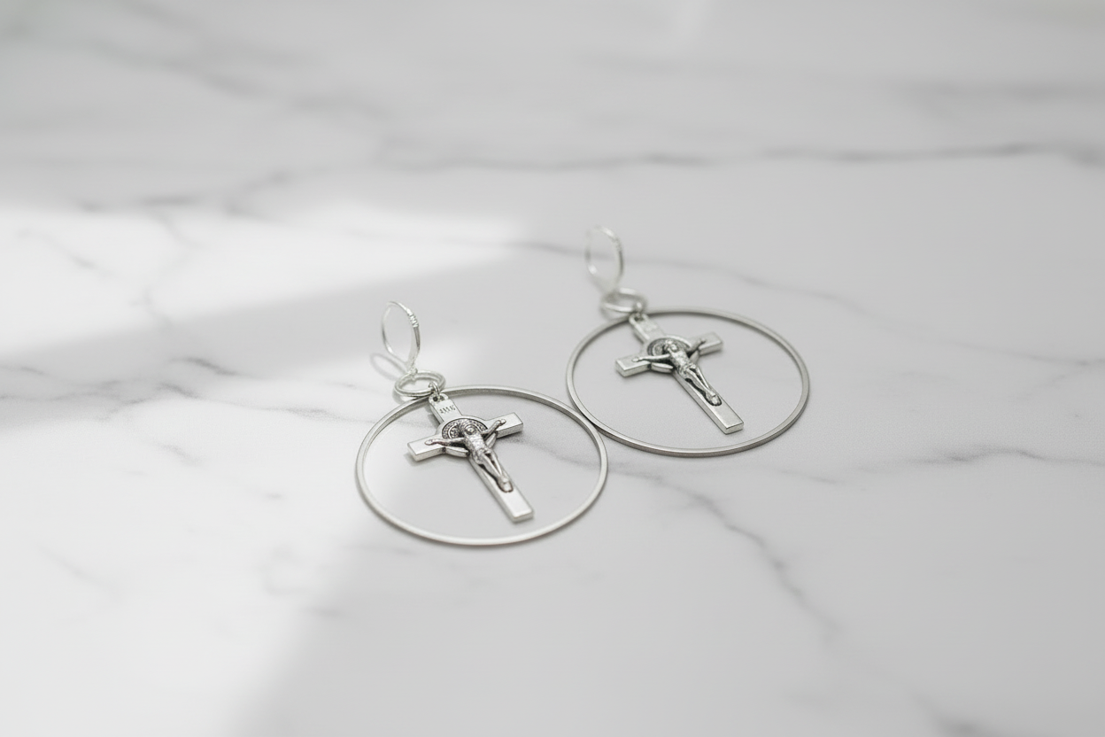 Silver Crucifix Hoop Earrings