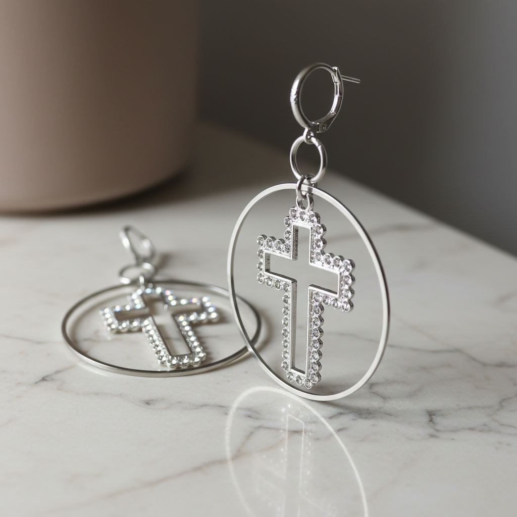 Silver Leverback Cross Earrings - Elegant View