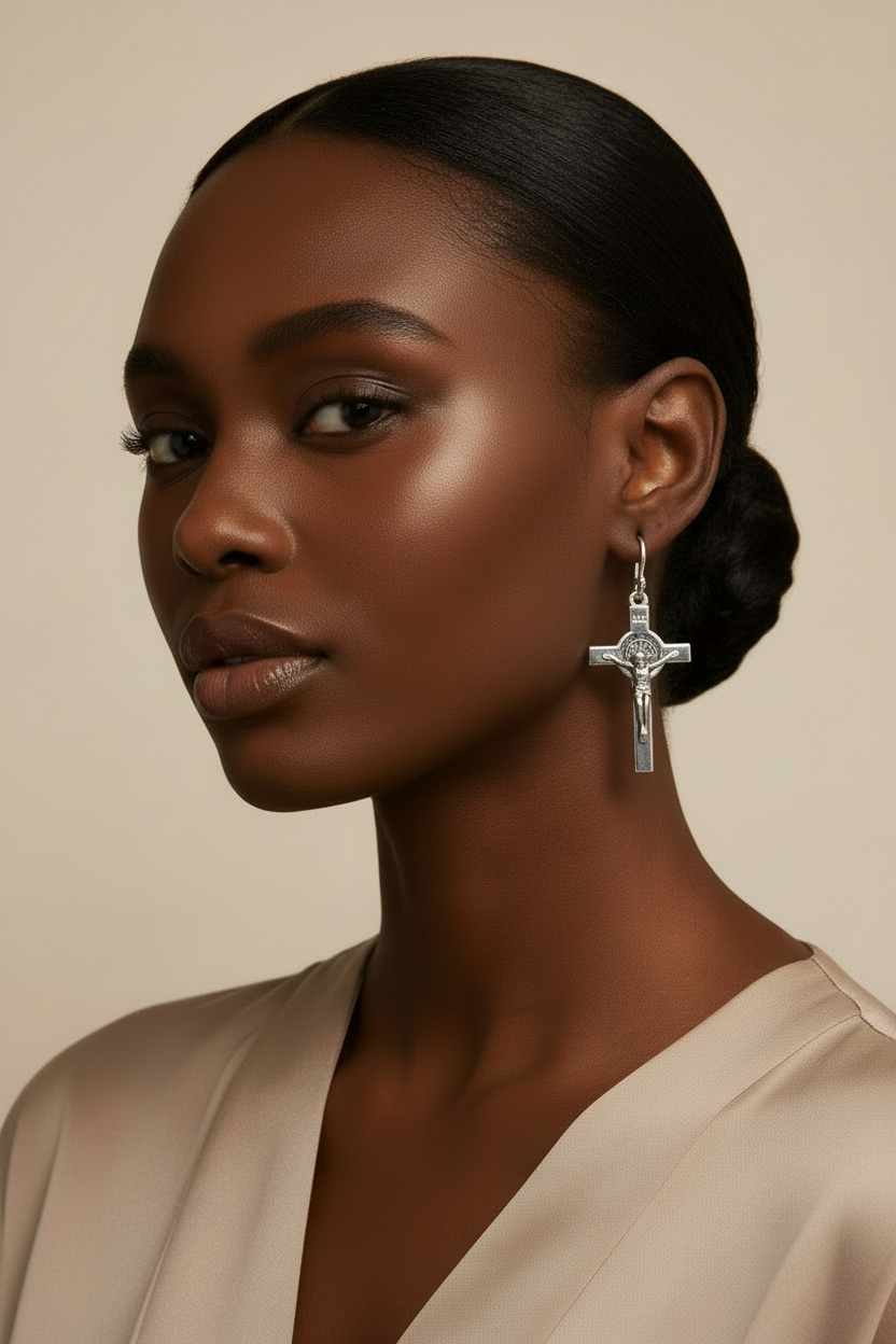 Silver Leverback Crucifix Earrings on Model